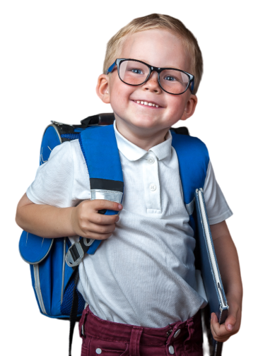 A young boy wearing eye glass and carrying bag